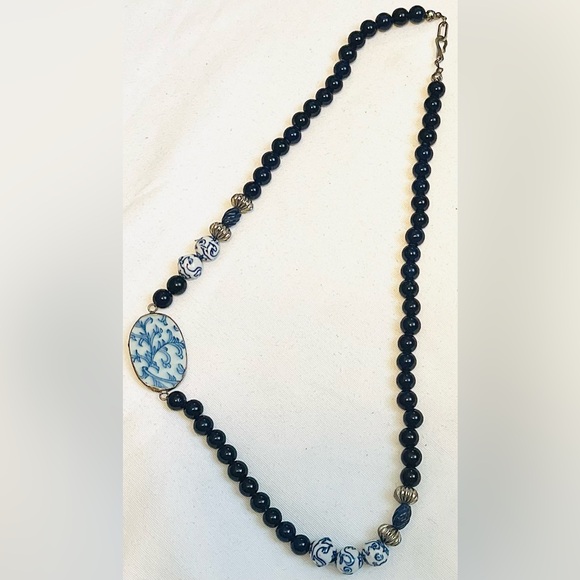Handmade Chinoiserie Porcelain Pendant Necklace Blue White 26" Artisan - Picture 4 of 6